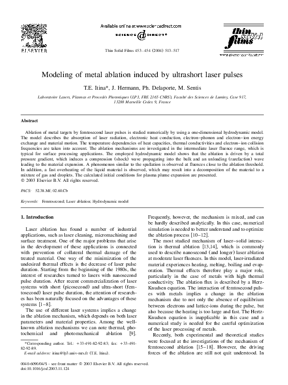(PDF) Modeling of metal ablation induced by ultrashort laser pulses