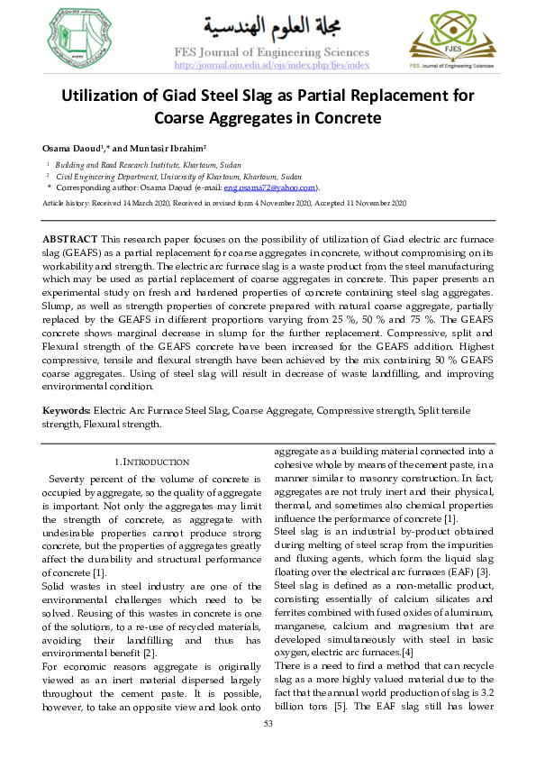 (PDF) Utilization of Giad Steel Slag as Partial Replacement for Coarse ...