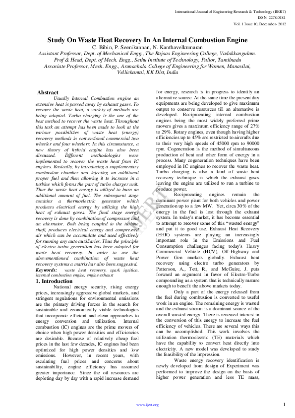 (PDF) Study On Waste Heat Recovery In An Internal Combustion Engine