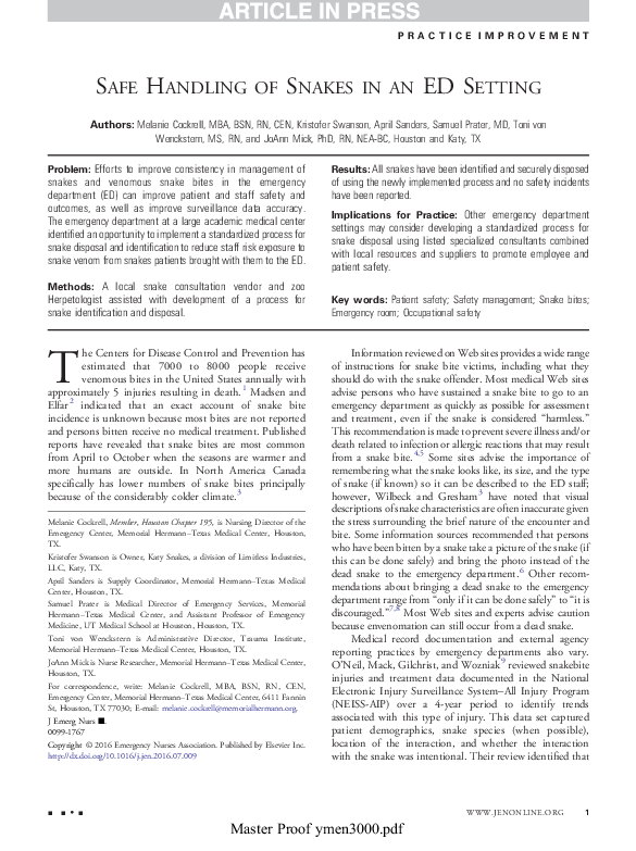 (PDF) Safe Handling of Snakes in an ED Setting