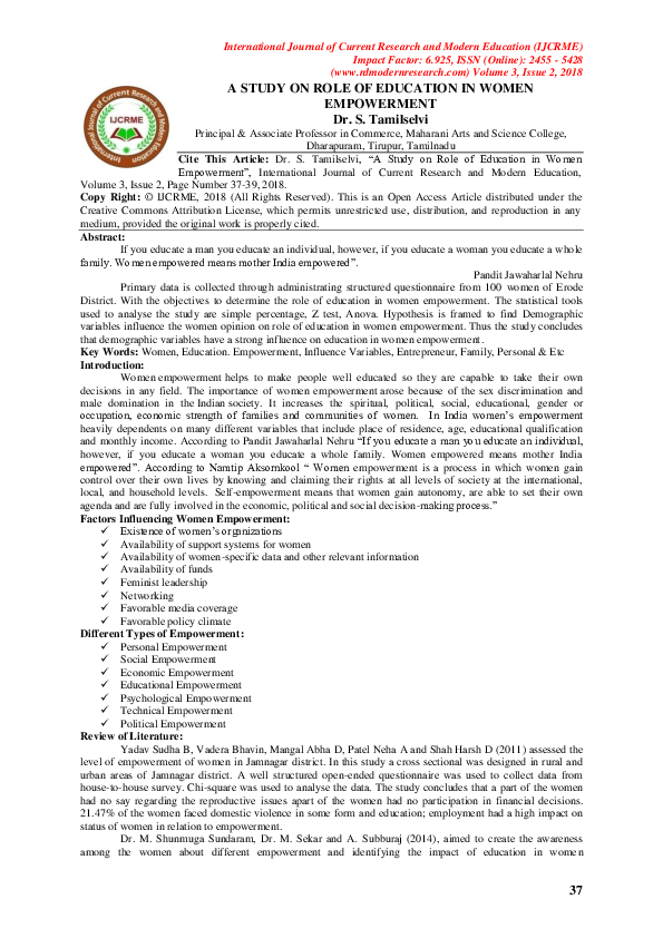 (PDF) A Study On Role Of Education In Women Empowerment
