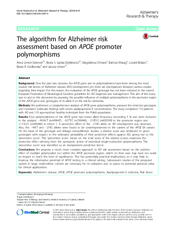 (PDF) The algorithm for Alzheimer risk assessment based on APOE ...