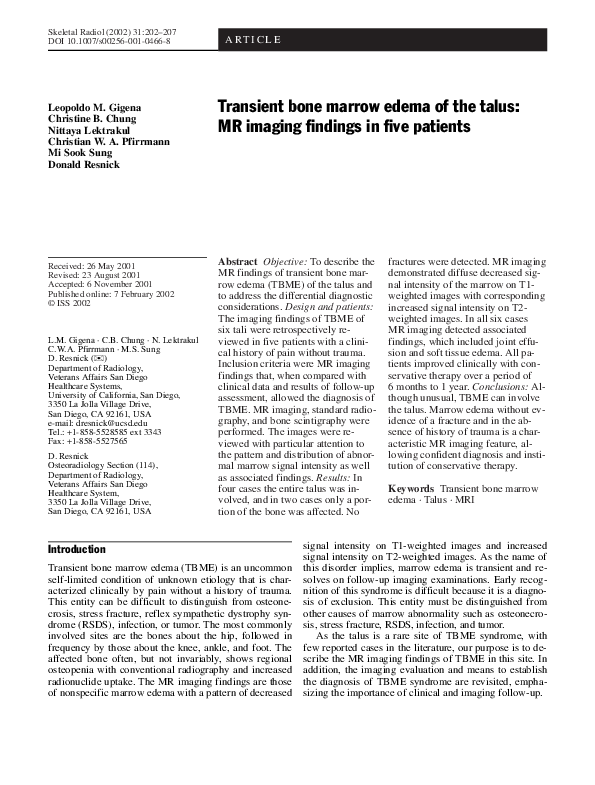 (PDF) Transient bone marrow edema of the talus MR imaging findings in five patients Leopoldo