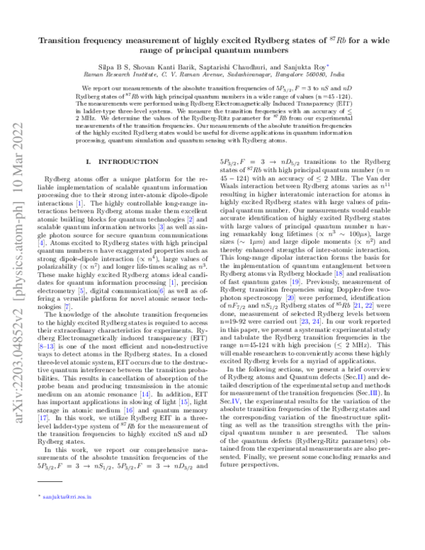 (PDF) Transition frequency measurement of highly excited Rydberg states ...