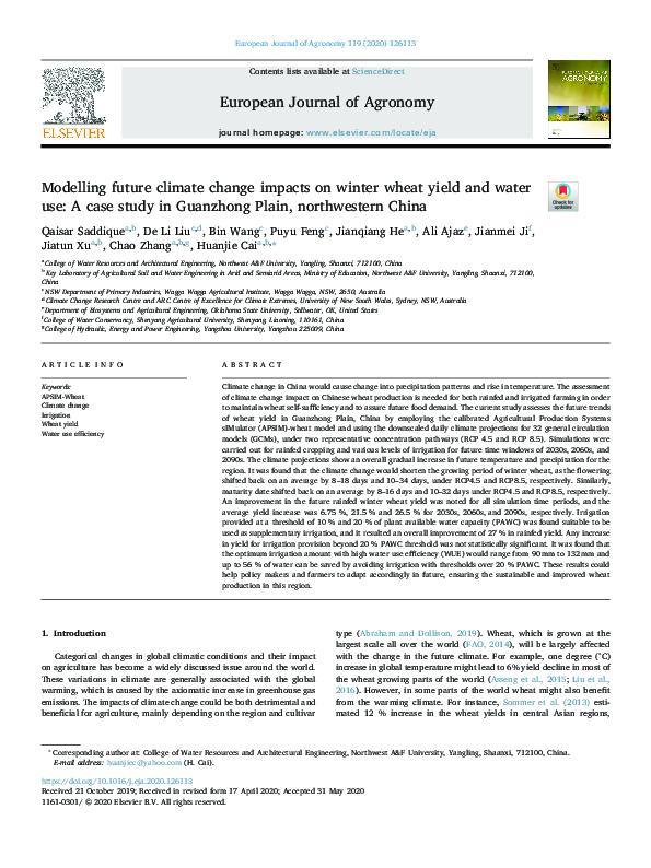 (PDF) Modelling future climate change impacts on winter wheat yield and ...