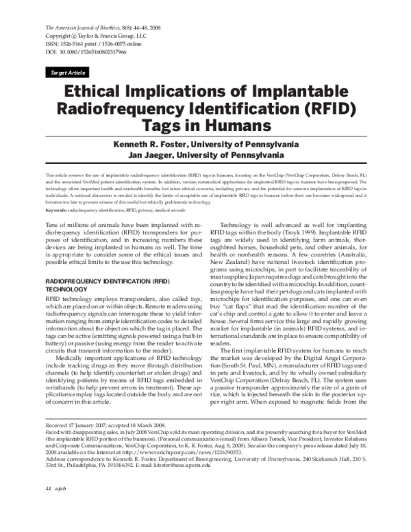 (PDF) Ethical Implications of Implantable Radiofrequency Identification