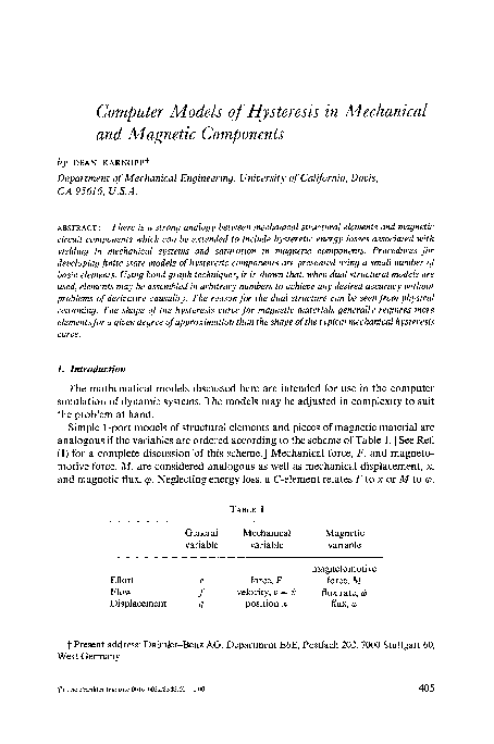 (PDF) Computer Models of Hysteresis in Mechanical and Magnetic Components