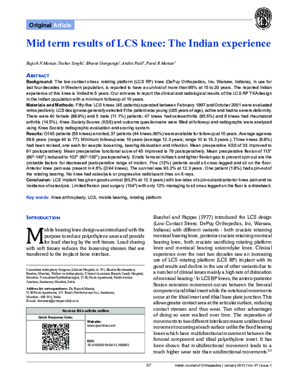 (PDF) Mid term results of LCS knee: The Indian experience