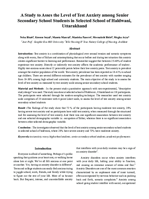 (PDF) A Study to Asses the Level of Test Anxiety among Senior Secondary ...