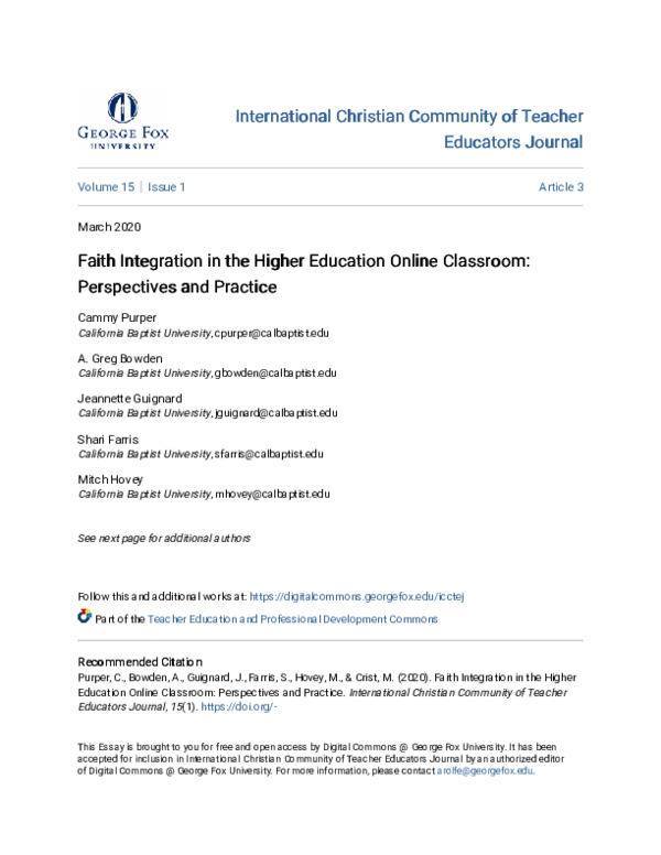 (PDF) Faith Integration in the Higher Education Online Classroom ...