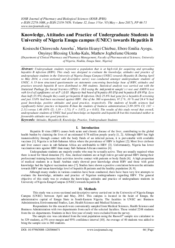 Knowledge, Attitudes and Practice of Undergraduate Students in University of Nigeria Enugu campus (UNEC) towards Hepatitis B