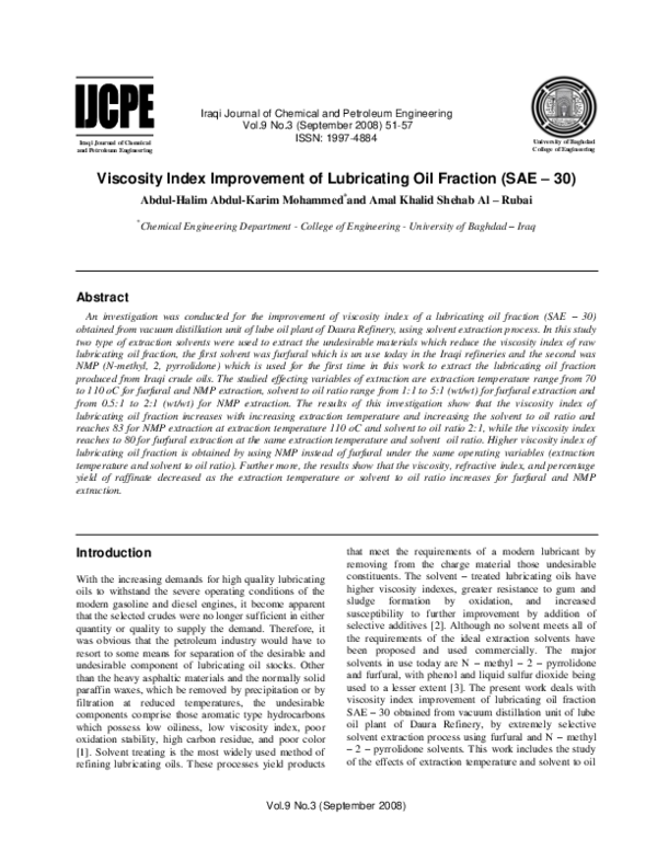 (PDF) Viscosity Index Improvement of Lubricating Oil Fraction (SAE – 30)