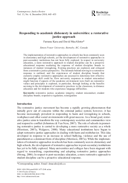 (PDF) Responding to academic dishonesty in universities: a restorative ...