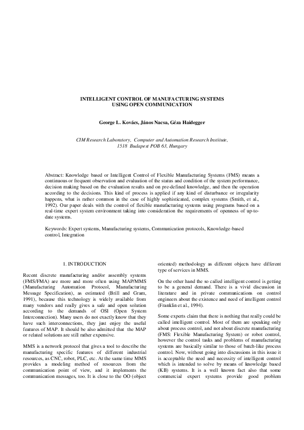 (PDF) Intelligent Control of Manufacturing Systems Using Open