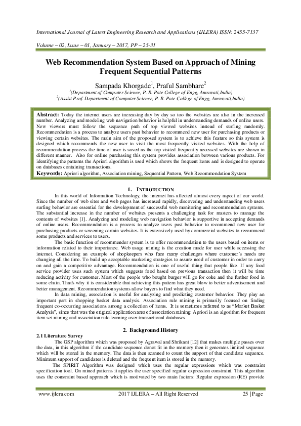(PDF) Web Recommendation System Based on Approach of Mining Frequent ...