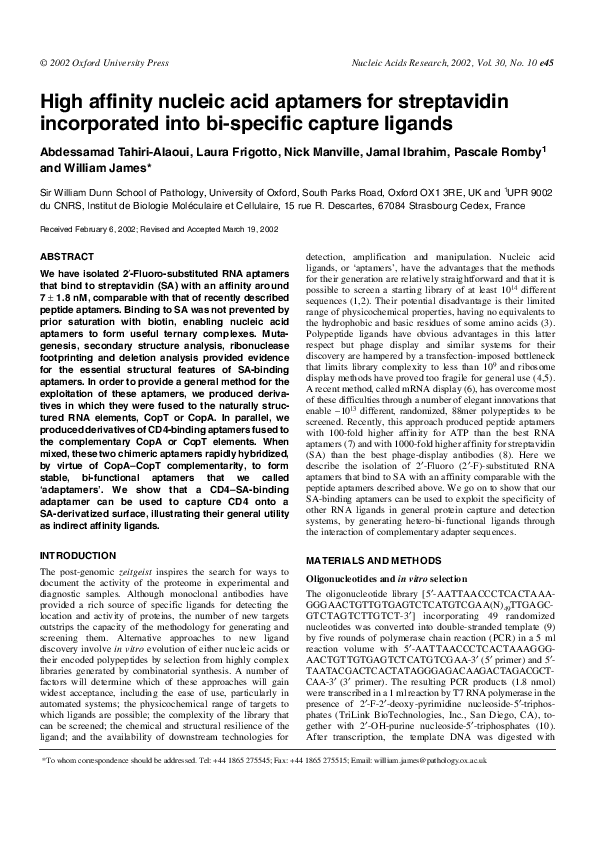 (PDF) High affinity nucleic acid aptamers for streptavidin incorporated ...