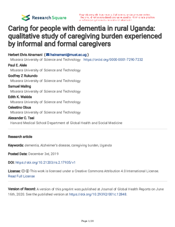 (PDF) Caring for people with dementia in rural Uganda: qualitative ...