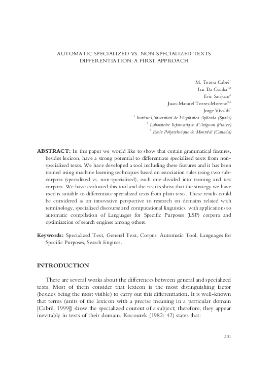 (PDF) Automatic specialized vs. nosspecialized texts differentiation