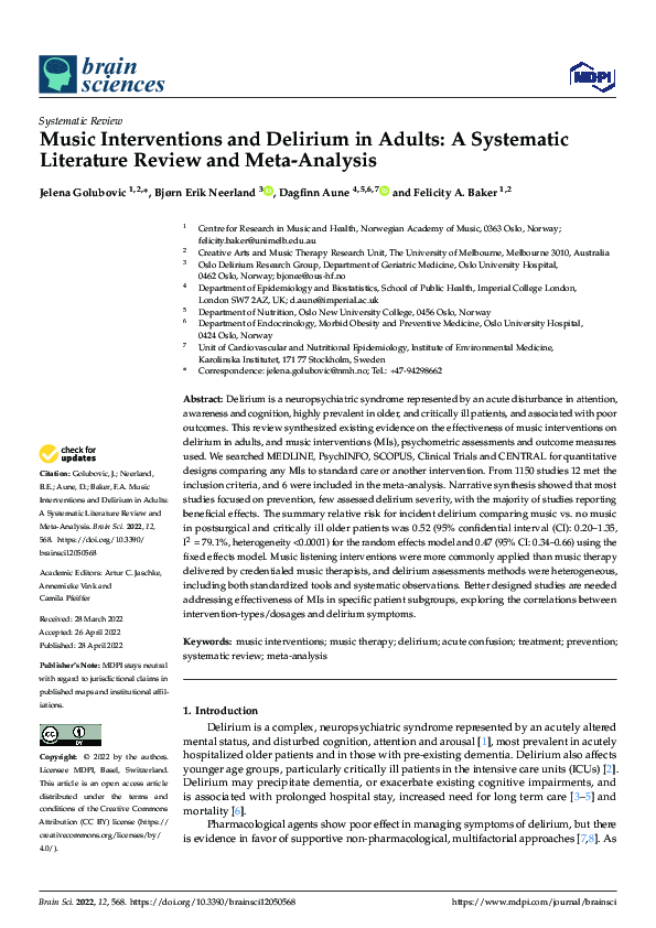 (PDF) Music Interventions and Delirium in Adults: A Systematic
