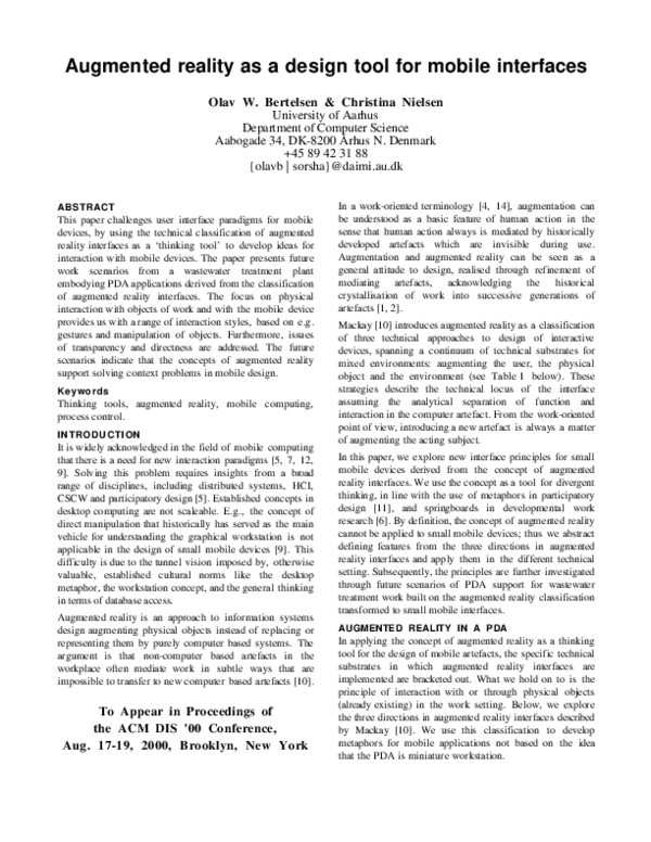 (PDF) Augmented reality as a design tool for mobile interfaces