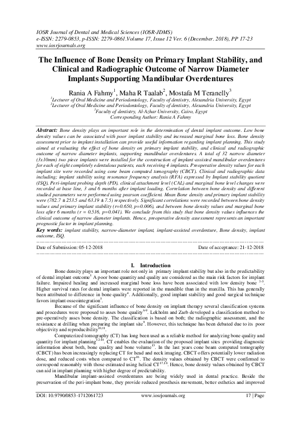 (PDF) The Influence of Bone Density on Primary Implant Stability , and ...