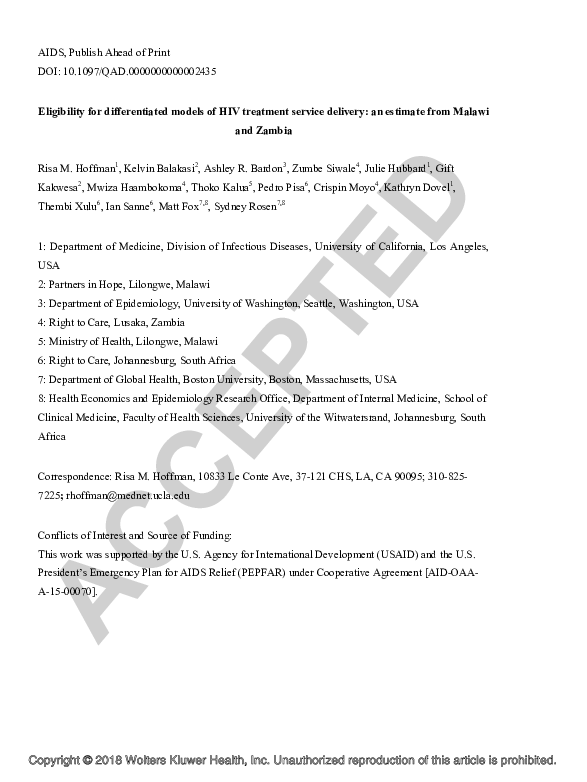 (PDF) Eligibility for differentiated models of HIV treatment service ...