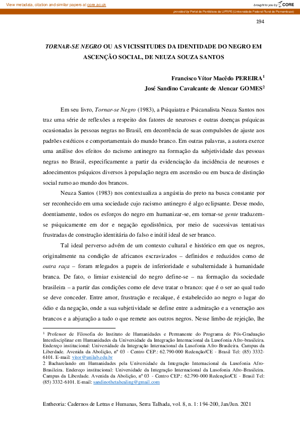(PDF) Tornar-Se Negro Ou as Vicissitudes Da Identidade Do Negro Em ...