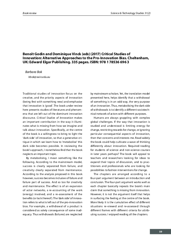 (PDF) Benoît Godin and Dominique Vinck (eds) (2017) Critical Studies of ...