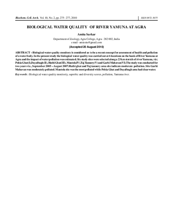 (PDF) Biological water quality of River Yamuna at Agra