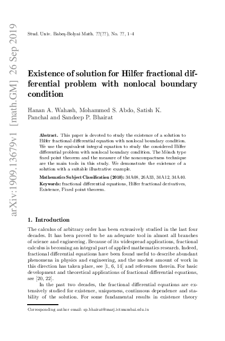 (PDF) Existence of solution for Hilfer fractional differential problem ...