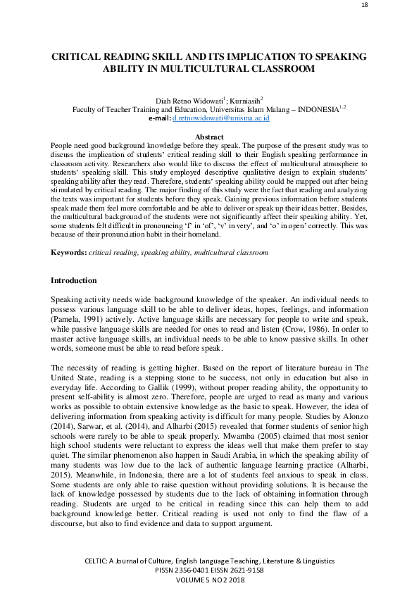 (PDF) Critical Reading Skill and Its Implication to Speaking Ability in ...