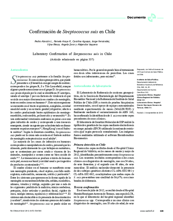 (PDF) Confirmación de Streptococcus suis en Chile