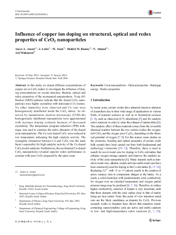 (PDF) Influence of copper ion doping on structural, optical and redox ...