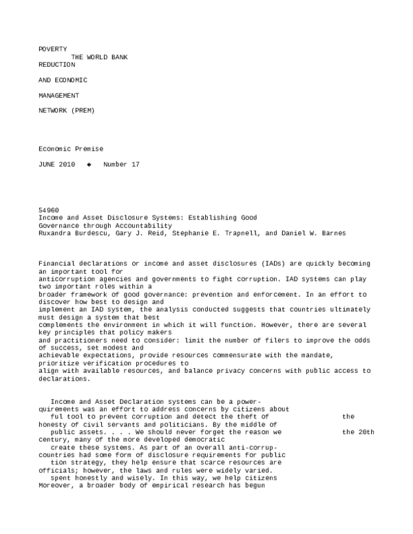 Income and asset disclosure systems: establishing good governance ...