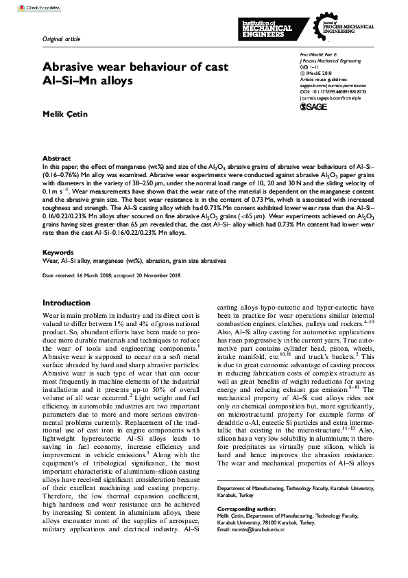 (PDF) Abrasive wear behaviour of cast AlSiMn alloys melik çetin
