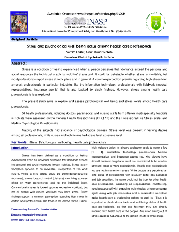 (PDF) Stress and psychological well being status among health care ...