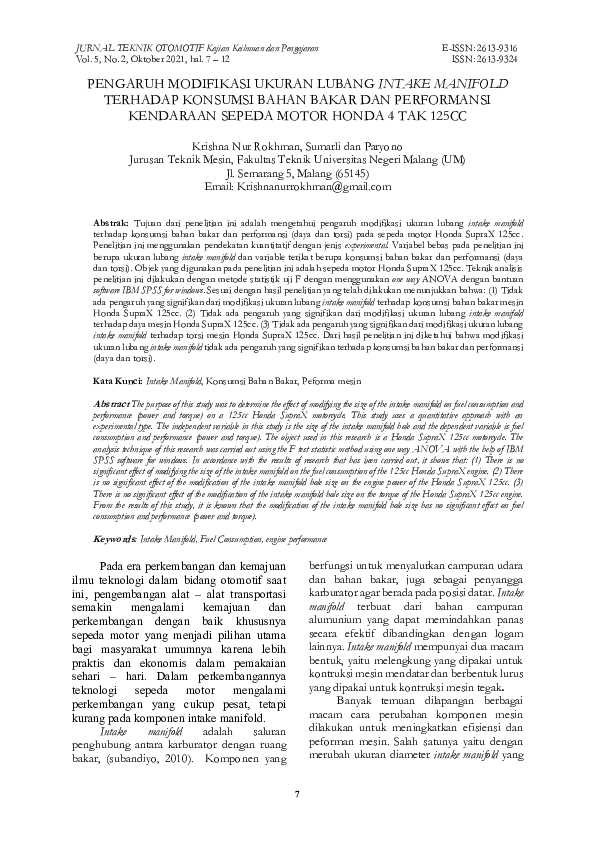 (PDF) Pengaruh Modifikasi Ukuran Lubang Intake Manifold Terhadap Konsumsi Bahan Bakar Dan