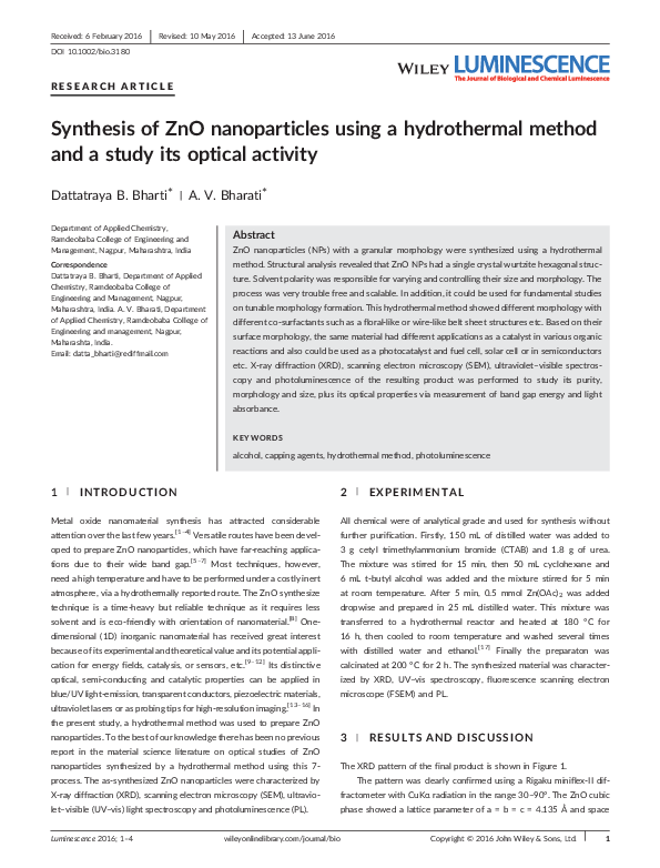(PDF) Synthesis of ZnO nanoparticles using a hydrothermal method and a ...