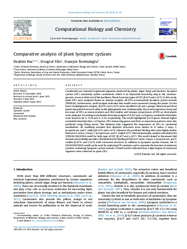 (PDF) Comparative analysis of plant lycopene cyclases Ertugrul Filiz