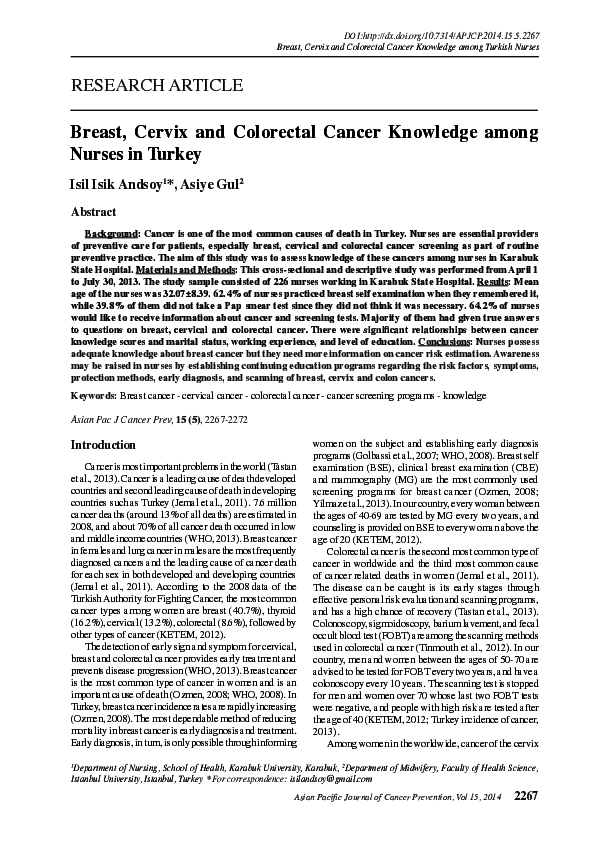 (PDF) Breast, Cervix and Colorectal Cancer Knowledge among Nurses in Turkey