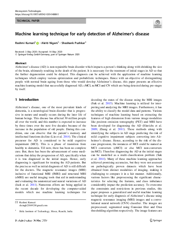 (PDF) Machine learning technique for early detection of Alzheimer’s disease