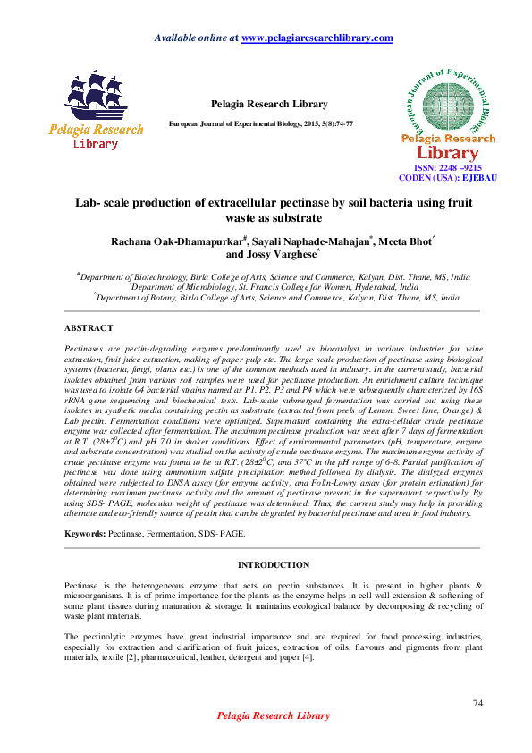 (PDF) Lab scale production of extracellular pectinase by soil bacteria