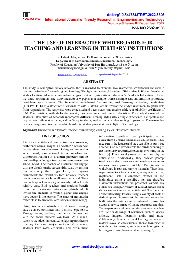 (PDF) THE USE OF INTERACTIVE WHITEBOARDS FOR TEACHING AND LEARNING IN ...