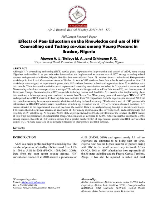 (PDF) Effects of Peer Education on the Knowledge and use of HIV ...