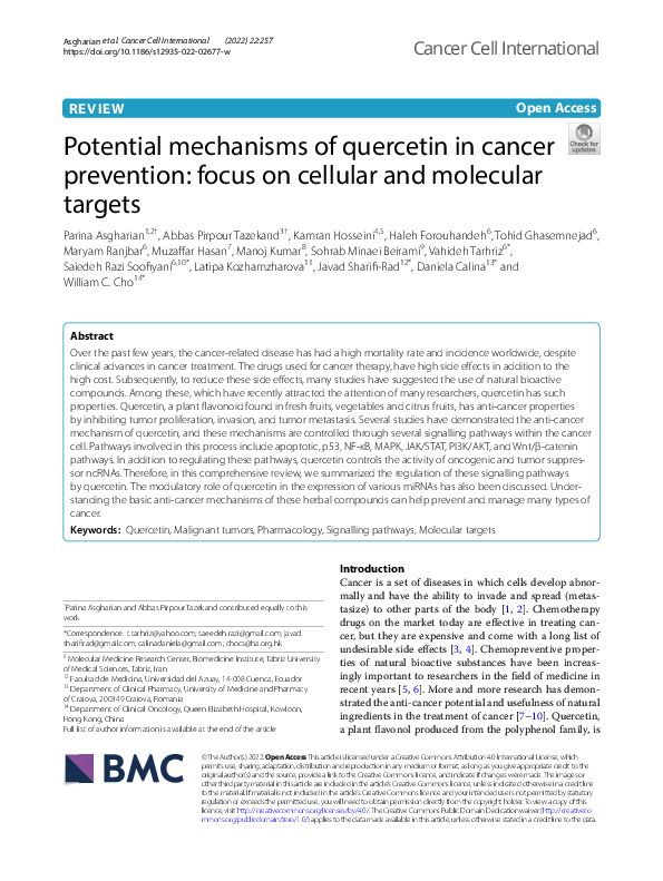 (PDF) Potential mechanisms of quercetin in cancer prevention: focus on ...