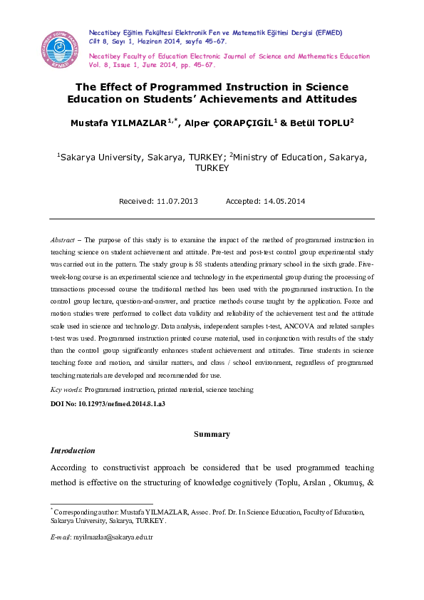 (PDF) The Effect of Programmed Instruction in Science Education on ...