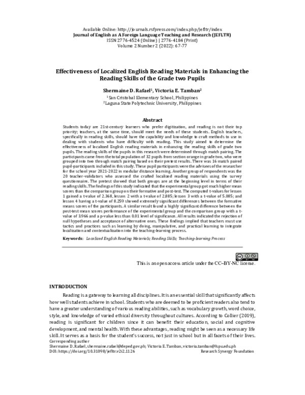(PDF) Effectiveness of Localized English Reading Materials in Enhancing