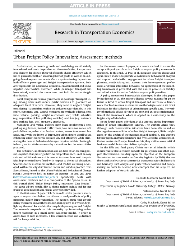 (PDF) Urban Freight Policy Innovation: Assessment methods