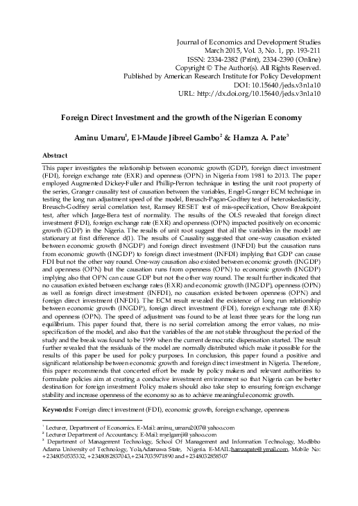 (PDF) Foreign Direct Investment and the growth of the Nigerian Economy