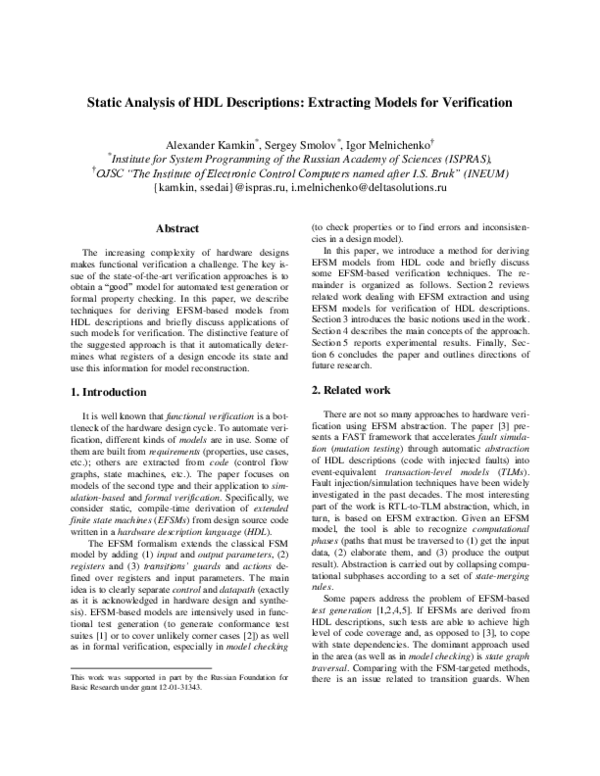 (PDF) Static analysis of HDL descriptions: Extracting models for ...